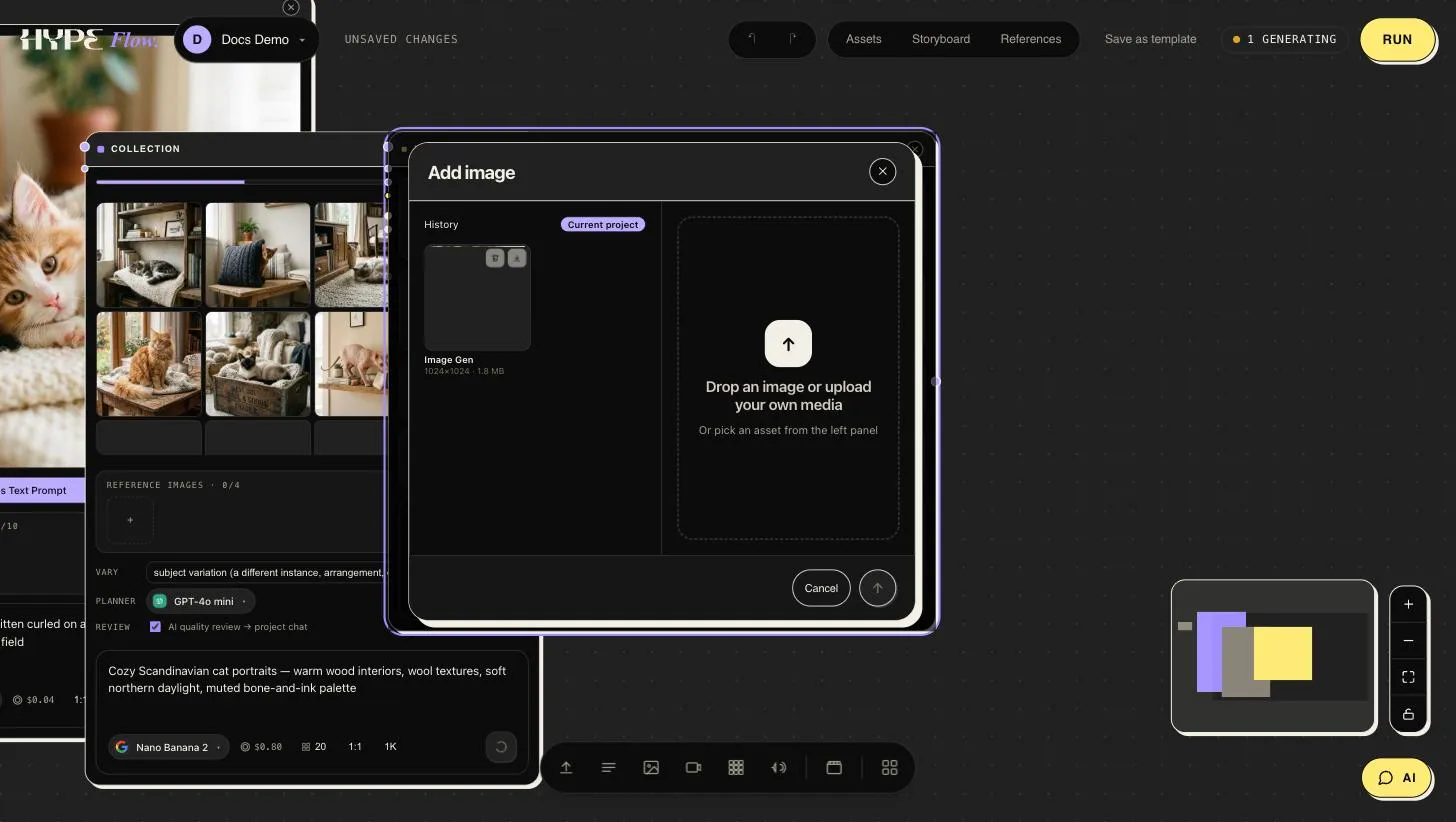 The add-image picker: project history on the left, drop-or-upload on the right
