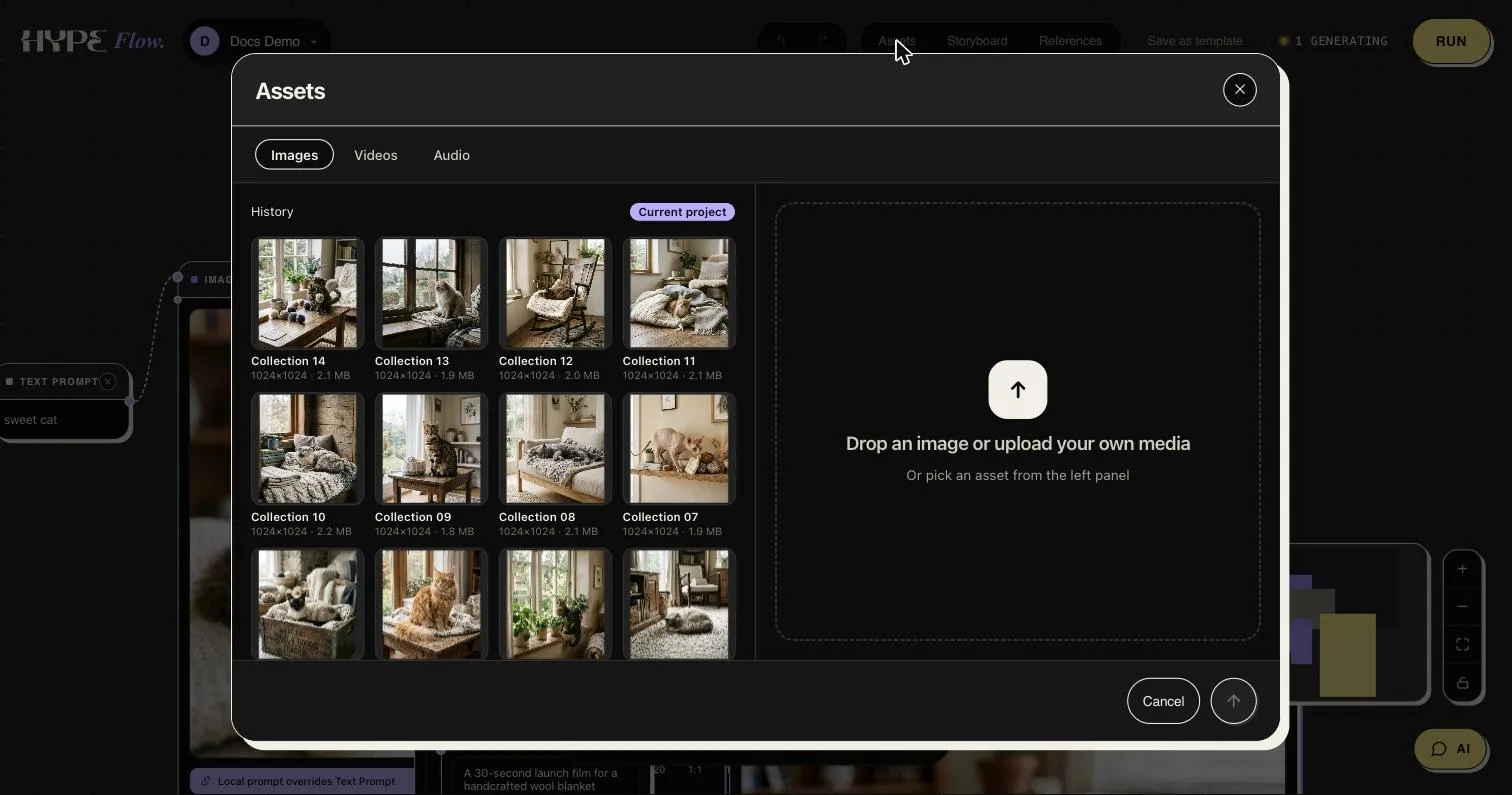 The project assets panel: a consistent image collection landing as individual assets, with tabs for images, videos, and audio