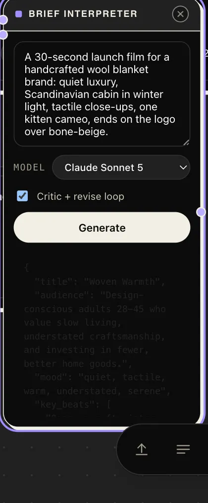 A Brief Interpreter node: a two-line brief in, Claude Sonnet 5 with the critic loop on, and the structured creative brief emerging below