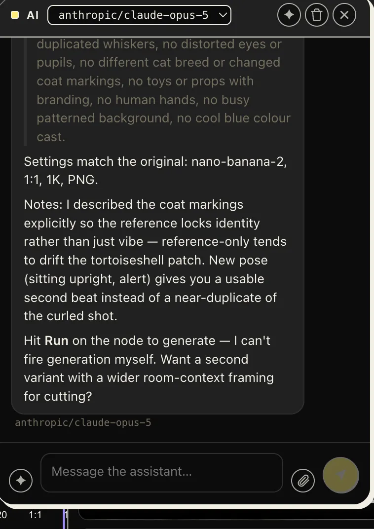 A companion reply: settings matched to the original, reasoning about reference identity, and a follow-up suggestion