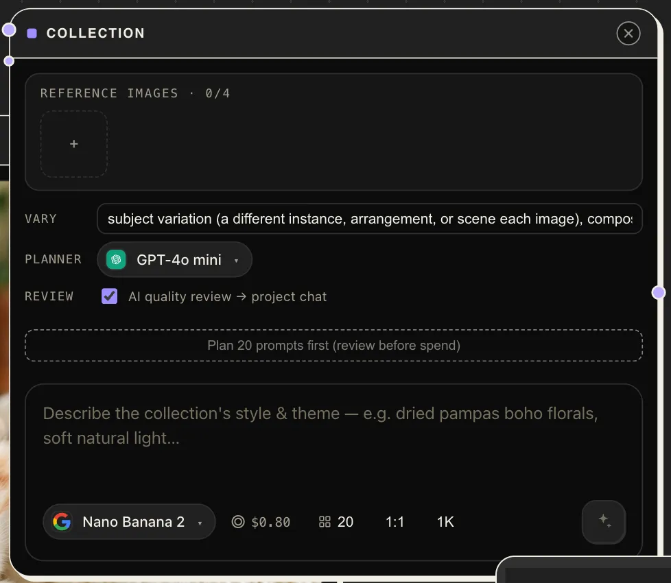 The Collection node: variation axes, planner model, review toggle, and a plan-before-spend button