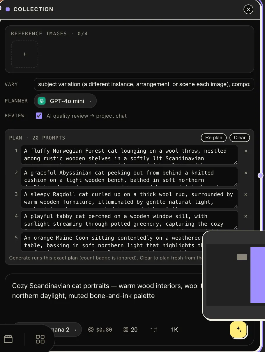 The planned-prompts review: twenty editable prompts with re-plan and clear controls