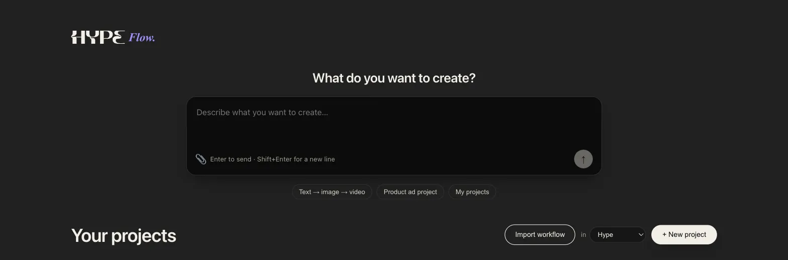 The dashboard: a prompt box asking what you want to create, with your projects below