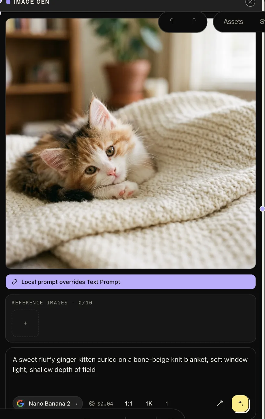 An Image Gen node with its generated result inline, reference slots, prompt, and the model row