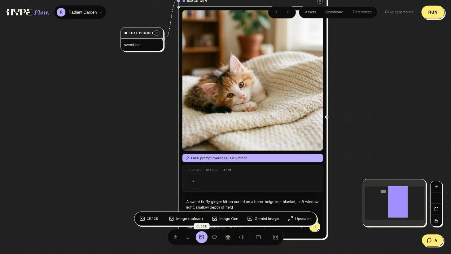 The bottom palette with the image family fanned out: Image upload, Image Gen, Gemini Image, Upscaler