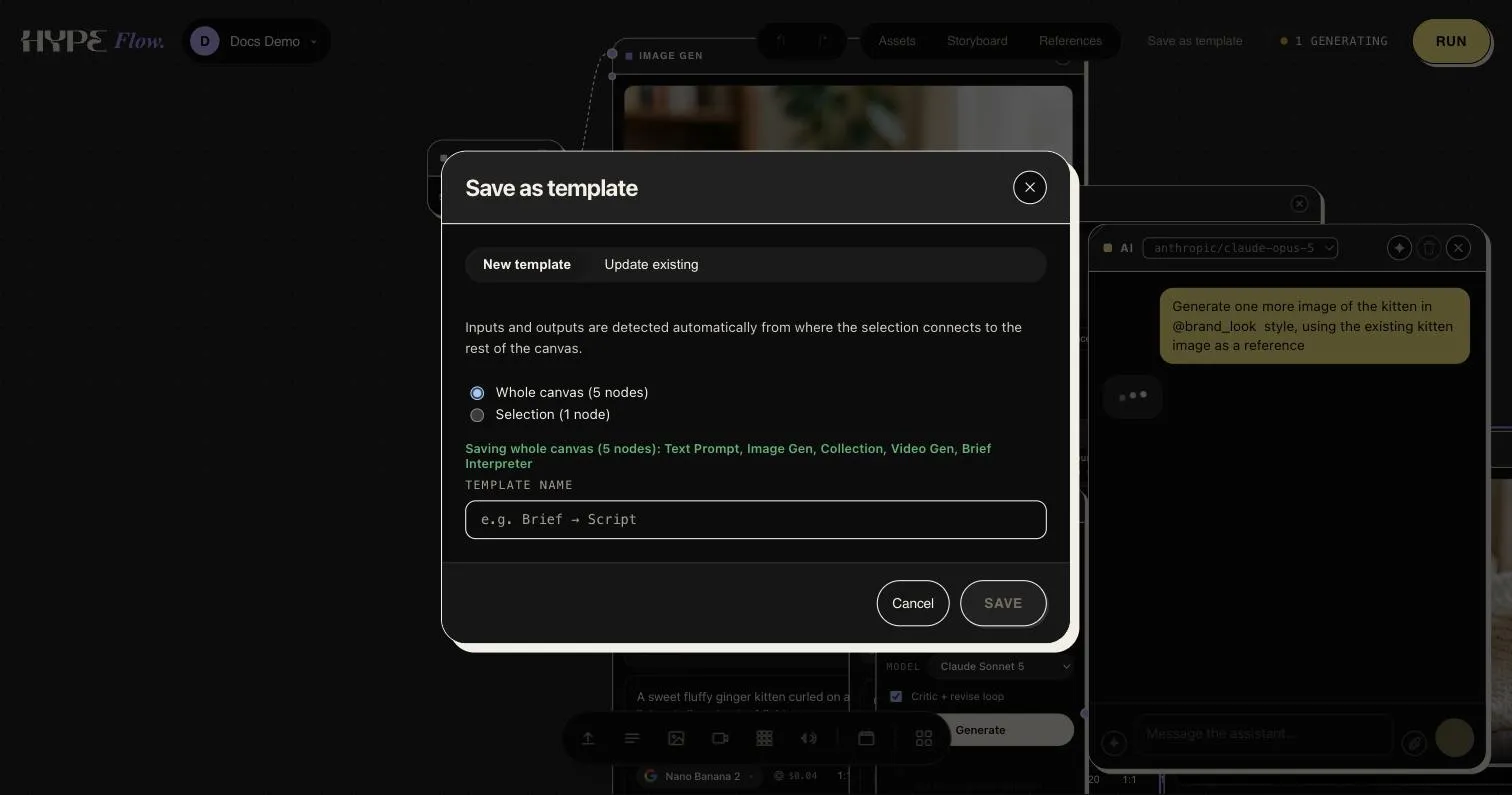 The Save as template dialog: whole canvas or selection, automatic input/output detection, new or update-existing