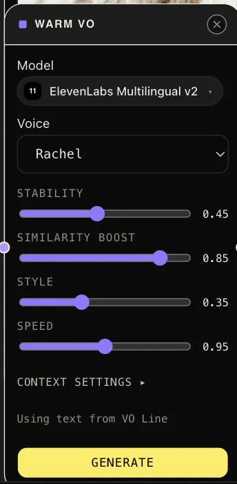 A Text to Speech node: ElevenLabs model, voice picker, and stability, similarity, style, and speed sliders