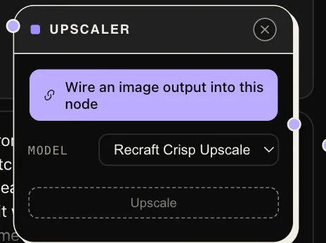 The Upscaler node: wire an image output in, pick the model, upscale