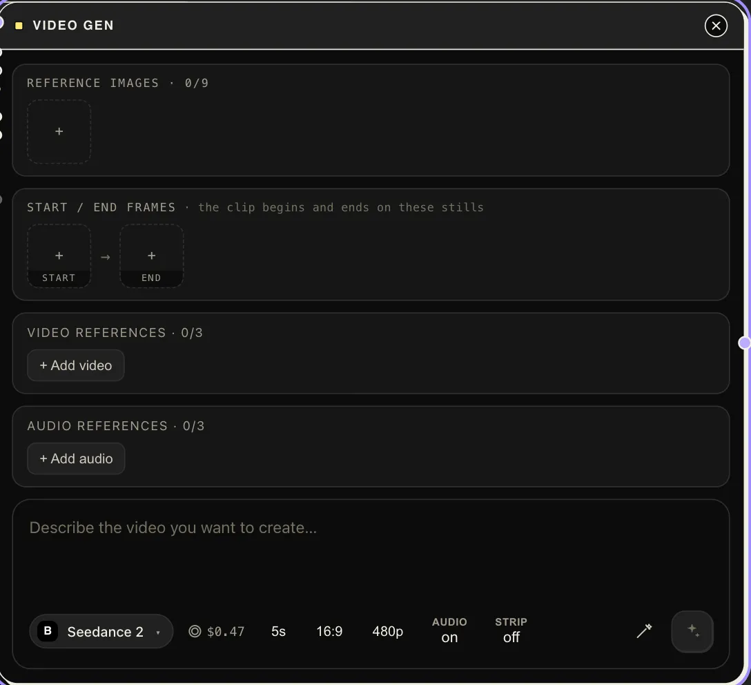The Video Gen control surface: image references, start/end frame wells, video references, and audio references