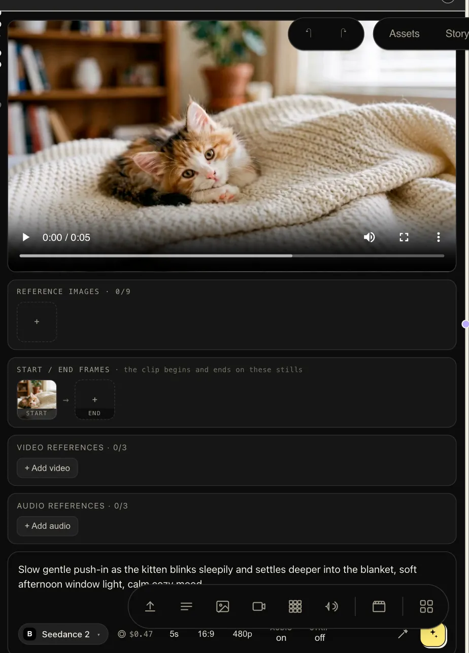 A Video Gen node with its rendered clip inline, a filled start-frame well, reference sections, and the motion prompt